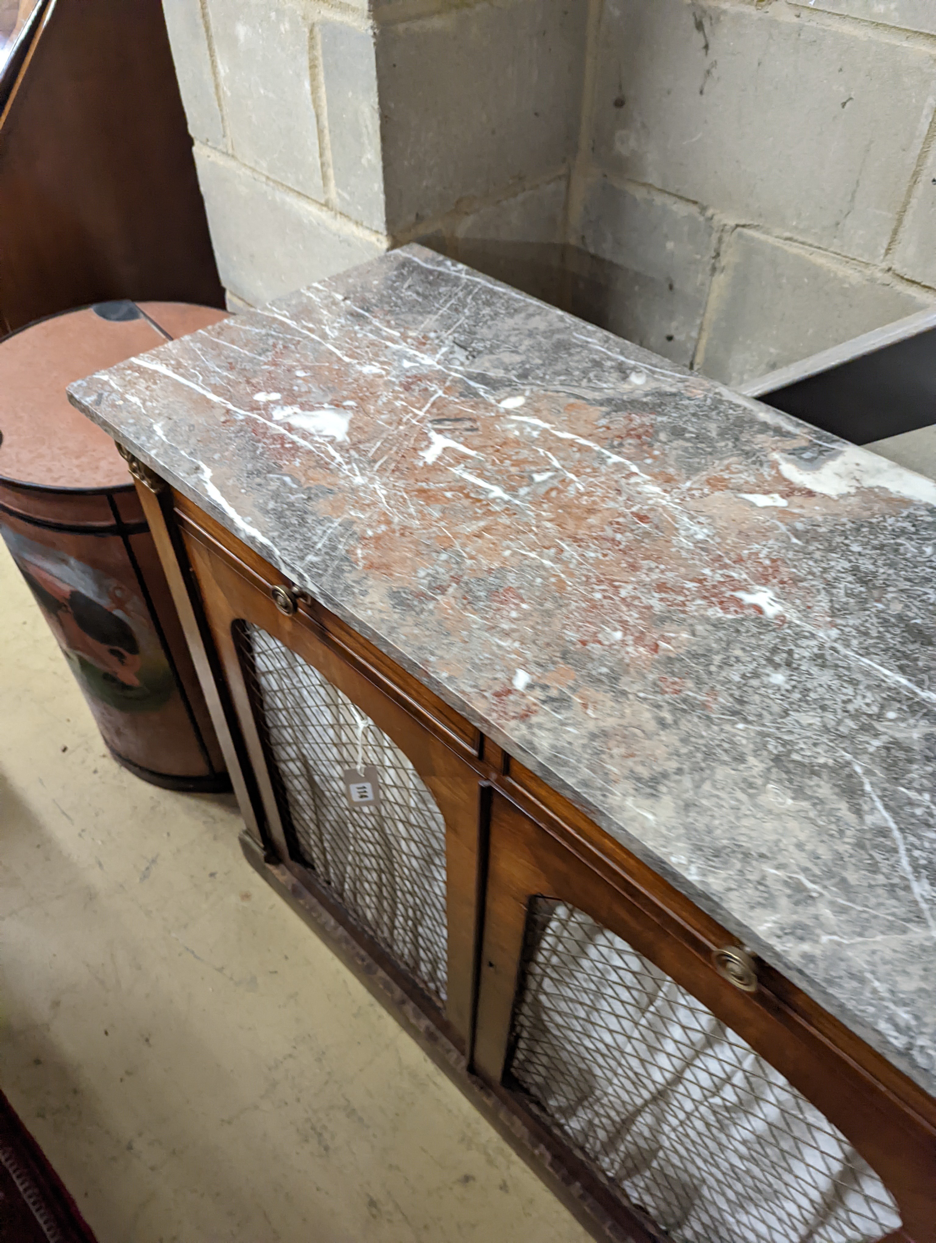 A Regency marble top chiffonier, width 107cm, depth 46cm, height 92cm